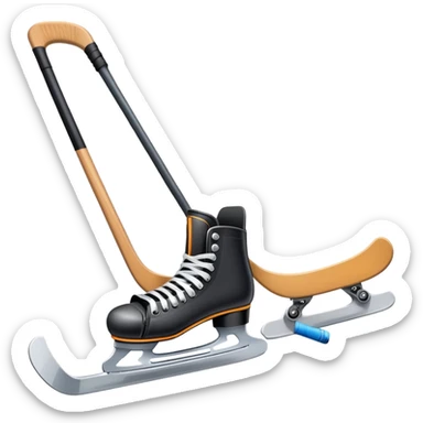 Please, make An icon featuring close-up shots of key hockey equipment: a hockey stick, puck, and skates. The background shows a packed stadium with cheering fans, bright arena lights, and an icy rink. Transparent background highlights the essentials of the game and the thrill of the sport. sticker