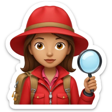 Explorer woman with red jacket backpack and magnifying glass sticker