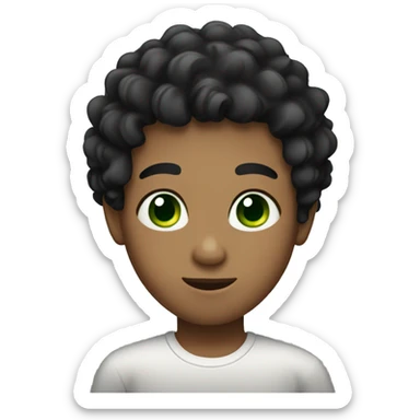 Boy with black curly hair,green eyes,and no mustache sticker