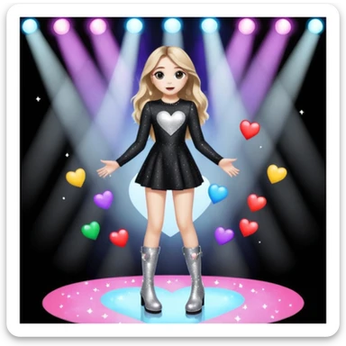 Sabrina carpenter singing at a concert wearing a black sparkly mini dress with silver at the end, with silver sparkly boots with heart cut out on the side. Colorful stage setting  sticker