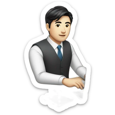 Male investment manager in professional clothes, black hair, asian, with a laptop in front of him, Half-length portrait  sticker