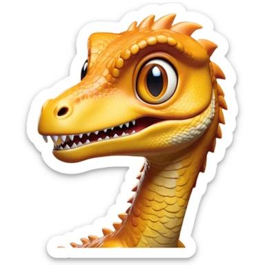 Cinematic Cute Velociraptor Portrait Emoji, Head tilted playfully with a mischievous grin, featuring a compact, agile form with bright, sparkling eyes and a slightly curved snout full of playful charm, Simplified yet irresistibly adorable features, highly detailed, glowing with a warm, inviting prehistoric glow, high shine, affectionate and lively, stylized with a touch of whimsical dinosaur mischief, soft glowing outline, capturing the essence of a mischievous yet endearing Velociraptor that seems as if it could dart out of the screen into your arms! sticker
