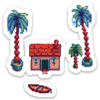 small house with a red roof by a bright blue ocean, pixel art emoji style, 32x32, palm trees and a boat in the background sticker