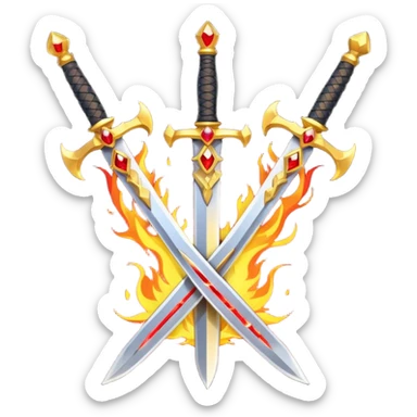 Two crossed swords that are golden in blade and handle and have fiery and royal appearence to them as well as red gem stones yellow in color sticker