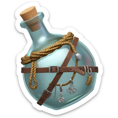 an EMPTY round potion bottle a little rotated to the left with a cork and decorations on the bottle like ropes and belts and random stuff sticker