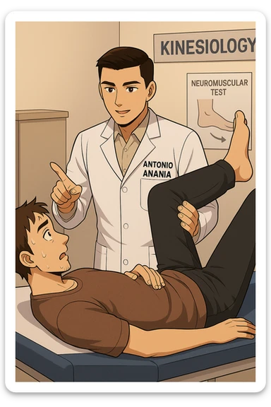 fai un webtoon manga a colori con questo stile, in cui un uomo è steso sul lettino medico e il kinesiologo con il camice bianco (fagli anche la scritta "ANTONIO ANANIA" SUL CAMICE, gli solleva una gamba per fargli il test neuromuscolare, IL KINESIOLOGO SPIEGA ALL'UOMO UNA cosa mentre gli alza la gamba. non fare i fumetti però, fai solo in modo che sembri stiano parlando sticker