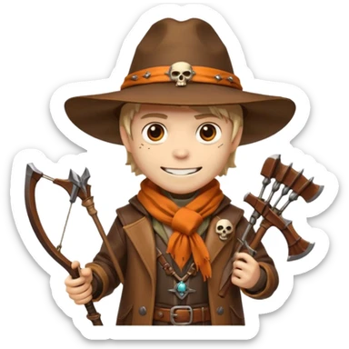 male human monster hunter emoji, wearing brown leather coat and wide hat, holding crossbow or rifle, with amulet shaped like skull, Halloween fantasy theme, confident smile, orange scarf, Apple emoji style, clean white background, square image sticker