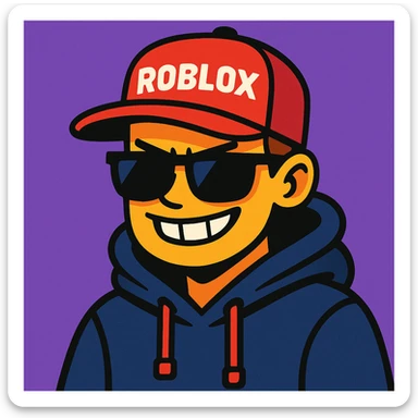 Coolkid, Roblox hacker, in a vibrant toon style, wearing a red Roblox hat, black sunglasses, and a hoodie, with a playful but edgy expression sticker