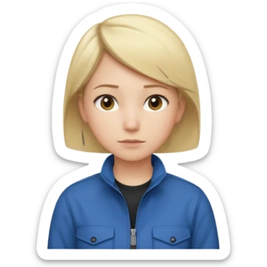 Calm and independent female engineer, fair skin, short straight blonde hair tucked behind the ears, neutral but focused expression, wearing a fitted blue utility jacket over a black crew-neck top, waist-up, front-facing sticker