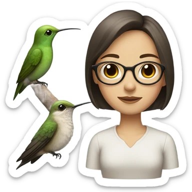 Girl pale , brunette, with short hair, wearing glasses with a hummingbird next to her sticker