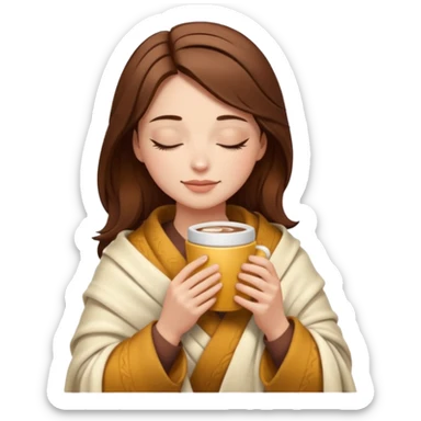 brown hair woman closed eyes with cream blanket on her head, holding cup of coffee, autumn mood sticker
