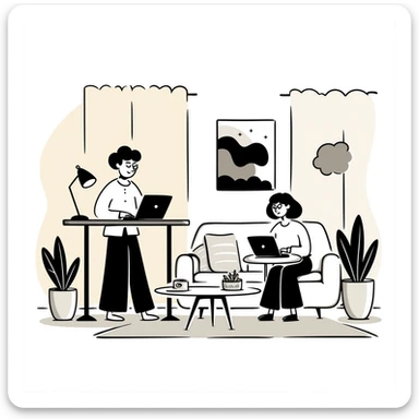Flat illustration of a cozy mid-century living room with two people working on laptops, one man standing at a desk and one woman sitting on a couch, warm tones, two walls and floor visible sticker
