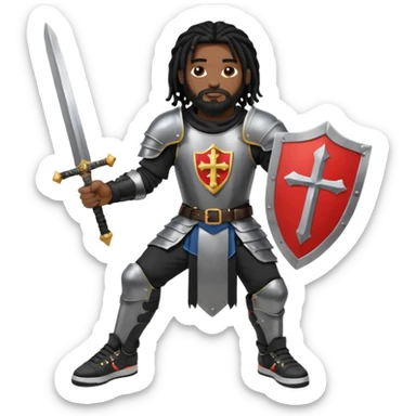 African American man with shoulder length black dreadlocks with black beard wearing knight body armor holding a double edge sword and a shield with a cross on it wearing black low top Air Force 1 sneakers sticker
