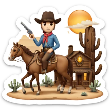 Icon for Western: A dramatic scene with cowboys on horseback, a dusty desert landscape, a setting sun. Include a classic cowboy hat, revolvers and an old wooden saloon in the background. capture the essence of the Wild West with rugged and adventurous details. Transparent background. sticker