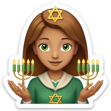 White but tan person with lightish brown hair girl has green eyes and holding the Star of David and a menorah looking at it smiliing sticker