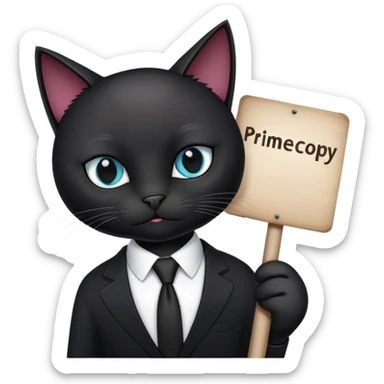 A black cat in a black business suit holds a sign that says "PrimeCopy" sticker