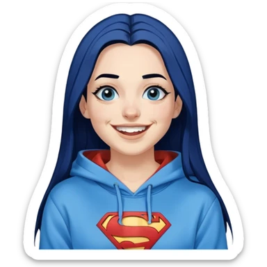 Laughing-30-year-old-adult-long-straight-dark-blue-hair-black-ends-blue-eyes-thick-black-eyeliner-really-thick-really-long-eye-lashes-sky-blue-superman-no-ears-hoodie-sweatshirt-nose-ppiercing  sticker