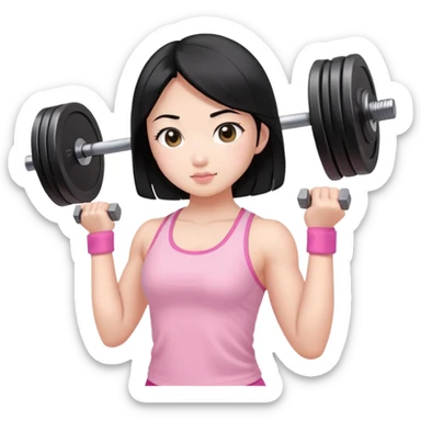 black hair asian girl lifting weights in light pink  sticker