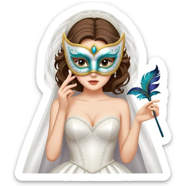 bride in a wedding dress holding a mask behind her back, hinting at a secret, no explicit content sticker