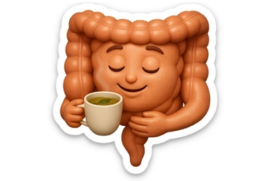 emoji stile iphone 3d di intestino umano sereno che si tocca la pancia mentre sorseggia un thè alle erbe, iperrealistico 4k sticker