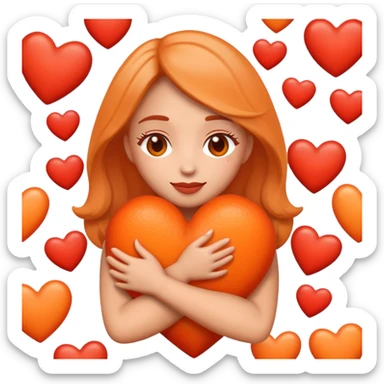 iphone style emoji of a woman hugging tons of hearts in orange and red colours sticker