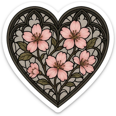 goth sakura heart, stained glass style, black lead lines with pink sakura, elegant gothic art sticker