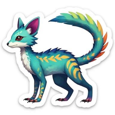 Rare realistic exotic edgy epic pretty beautiful handsome gorgeous aesthetic colorful vibrant Vernid-Trico-species-Fakemon-creature by LiLaiRa, 4 legs, 1 tail, random markings, (full body) sticker