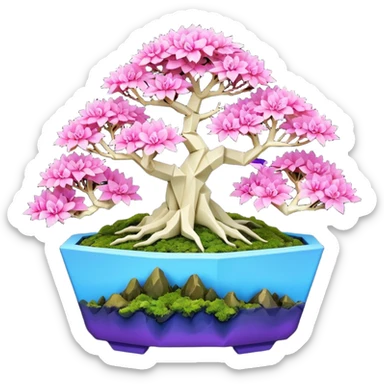 Futuristic wild et alien moss maples Bonsai hair-fine-leaf group crimson crystal azalea purple and cream pink blue forest planting in shallow slab origami style pot  sticker