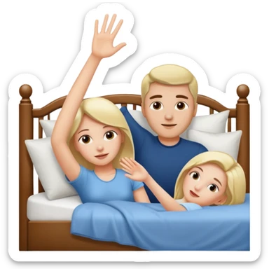 A bed with a girl laying down and a man putting his hand up. sticker
