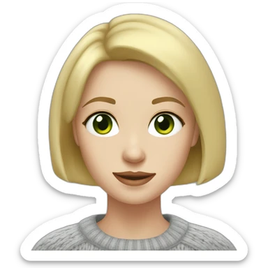 medium blonde girl with bob cut, green eyes, long face, pale skin, silver earrings wearing a grey sweater sticker