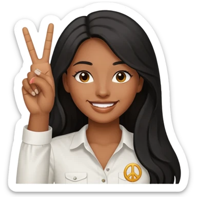 pretty brown skin woman with long black hair and brown eyes holding up the peace sign sticker