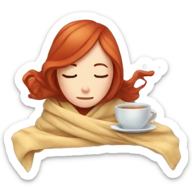 red hair girl wrapped in blanket drinking tea with eyes closed sticker