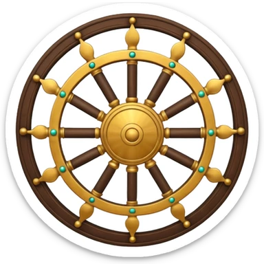 Tibetan Wheel of Life emoji, central hub with radiating spokes, decorated with small symbolic figures, simple spiritual style sticker