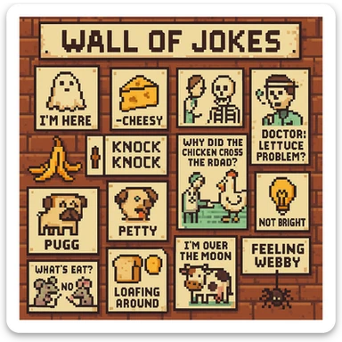 pixel art style wall of jokes, a detailed pixel art scene of a wall covered with various humorous illustrations and jokes sticker