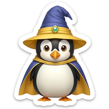 Wizard penguin with a yellow hat and a cape sticker