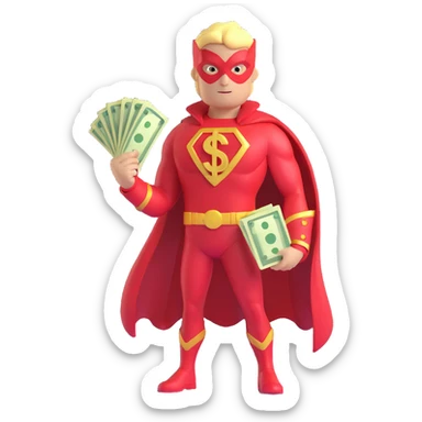 running superhero with red and gold suit, holding glowing money symbol, 3D toon style sticker