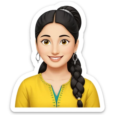 generate a pretty bratz emoji that looks like Kareena Kapoor's Geet character. 
Make her wear a yellow kurti, silver hoops, black hair in a ponytail. smiling big sticker