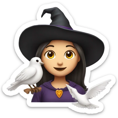 Create an emoji of a little witch with a dove on her hat sticker