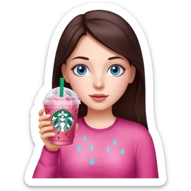 make an emoji of a brunette blue eye girl wearing pink drinking a strawberry acai refresher from starbucks sticker