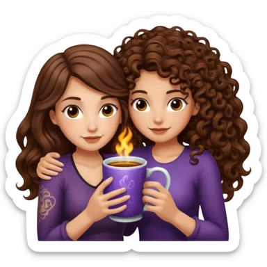 warm potion break — long wavy brown hair tattooed woman and short tight curly brown hair woman — hugging glowing mug sticker
