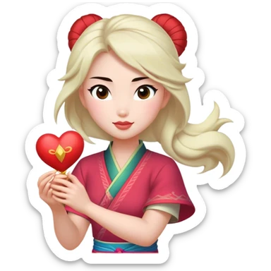 Cinematic Adorable Mulan Portrait Emoji, Playfully holding Cri-Kee in her hands, eyes sparkling with mischief, soft rosy cheeks, a warrior with a heart full of charm, radiant in the morning sunlight, glowing with warmth and joy! sticker