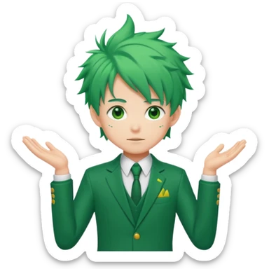 deku : boy anmie green hair green eyes in a ua suit with frenkles sticker