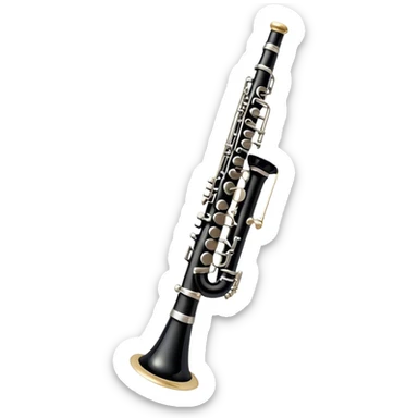 Create an emoji, representing a black standard clarinet. The design should feature a smooth, glossy black body of the clarinet with shiny, silver keys clearly visible. Highlight the intricate details of the mouthpiece and reed at the top, while the body of the instrument should remain simple and elegant. Add subtle musical notes or soundwaves floating around the instrument to symbolize its clear, melodic sound. Use black for the body, silver for the keys, and soft lighting effects to give the instrument a polished, sophisticated look. The background should be transparent. sticker