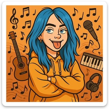 cartoon style portrait of Billie Eilish, blue hair, baggy clothes, playful expression, music theme sticker