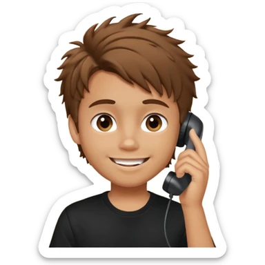 generate a pretty tan bratz boy with brown messy hair smiling while talking on call. Wearing a black tshirt sticker