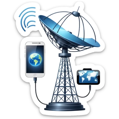An icon featuring a satellite dish, a cell tower emitting signals, and a smartphone displaying a chat interface. The design includes fiber-optic cables and data waves, symbolizing global communication, connectivity, and information exchange. Transparent background. sticker