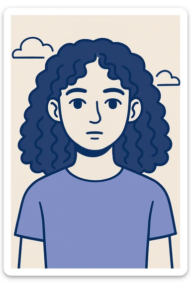 white girl with brown eyes and brown hazelnut curly hair 3b-3c, neutral expression, upper body, plain background, modern illustration style sticker