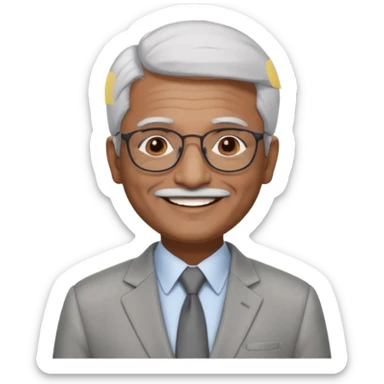 60 yr old indian man, short straight white hair brushed foreward , light grey business suit, big smile, dark brown skin, no moustache, dark brown eyes, glasses
 sticker