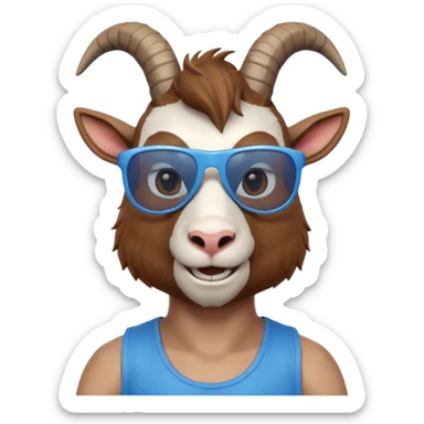 3D cartoon goat man portrait, head and shoulders, brown fur, small horns, blue reflective sunglasses, slight smile, tank top, soft lighting, centered, clean background, no text, no watermark
 sticker