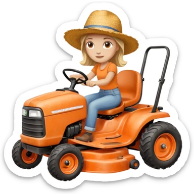 White woman without glasses wearing a straw hat, on old orange ride on lawn mower.  sticker